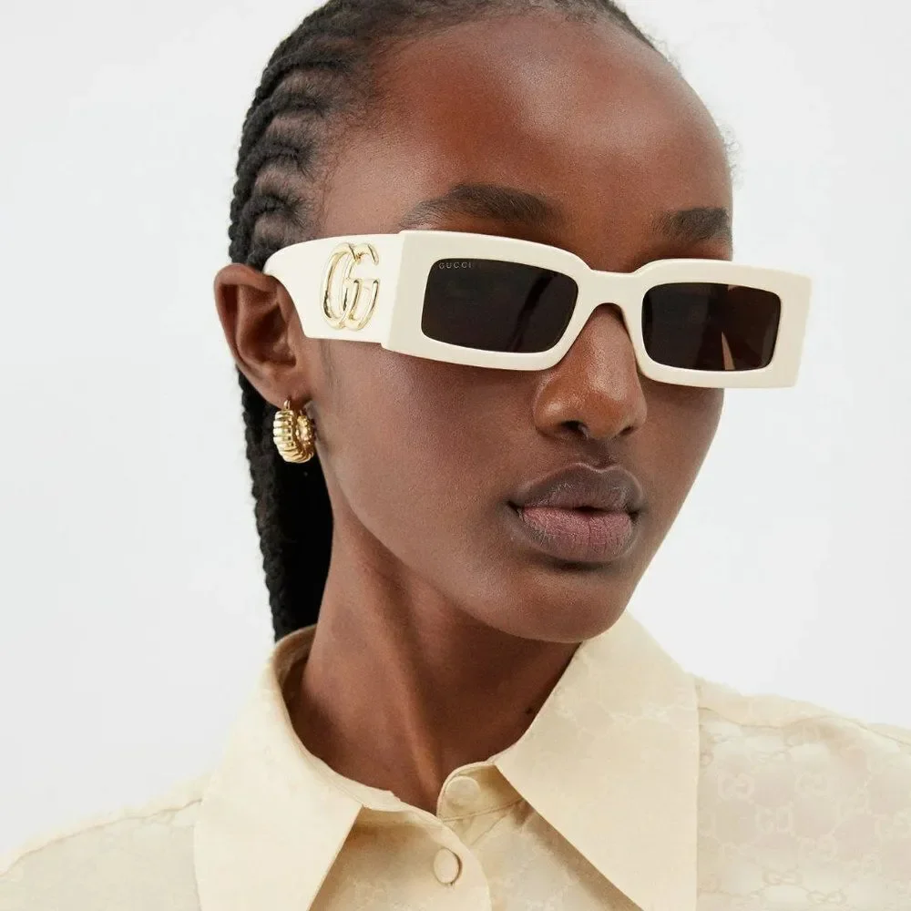 NEW Gucci GG1425S 004 Ivory Brown Rectangle Unisex Sunglasses GG 1425S